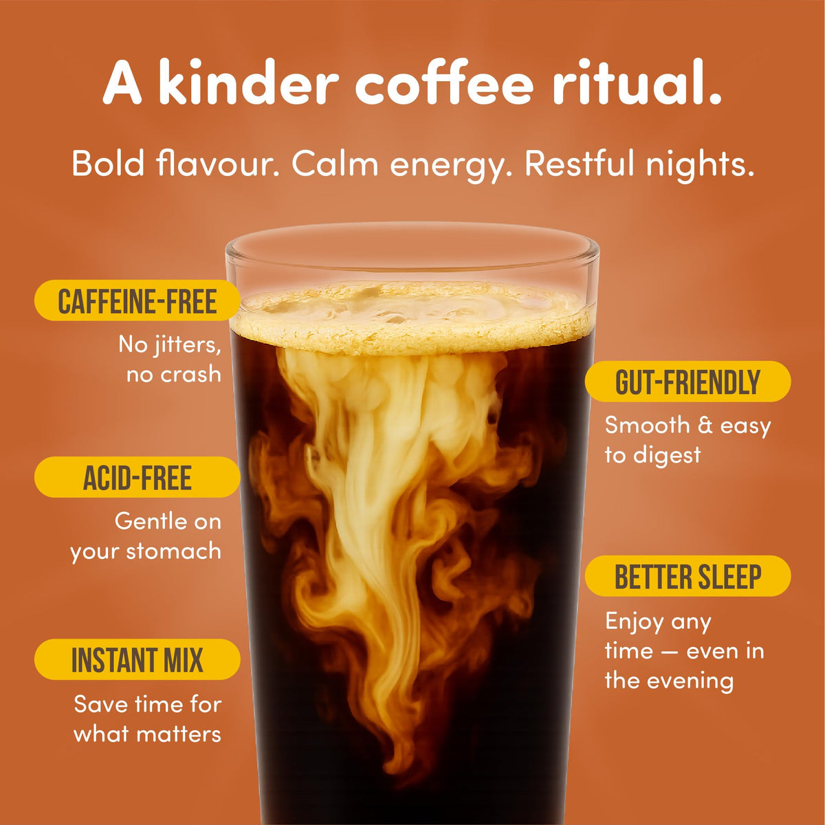 Nummy Creations instant coffee substitute dissolving in hot or cold water.