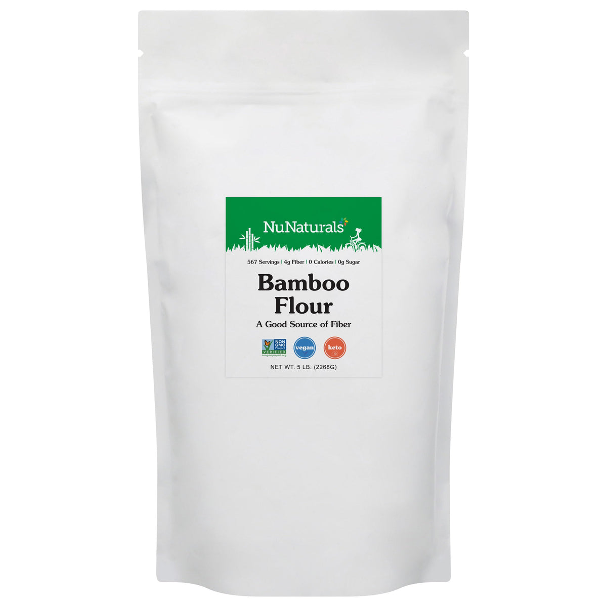 NuNaturals Bamboo Flour bag close-up highlighting gluten-free baking versatility and clean ingredients.