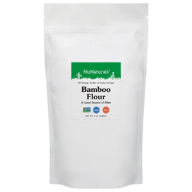 NuNaturals Bamboo Flour bag close-up highlighting gluten-free baking versatility and clean ingredients.