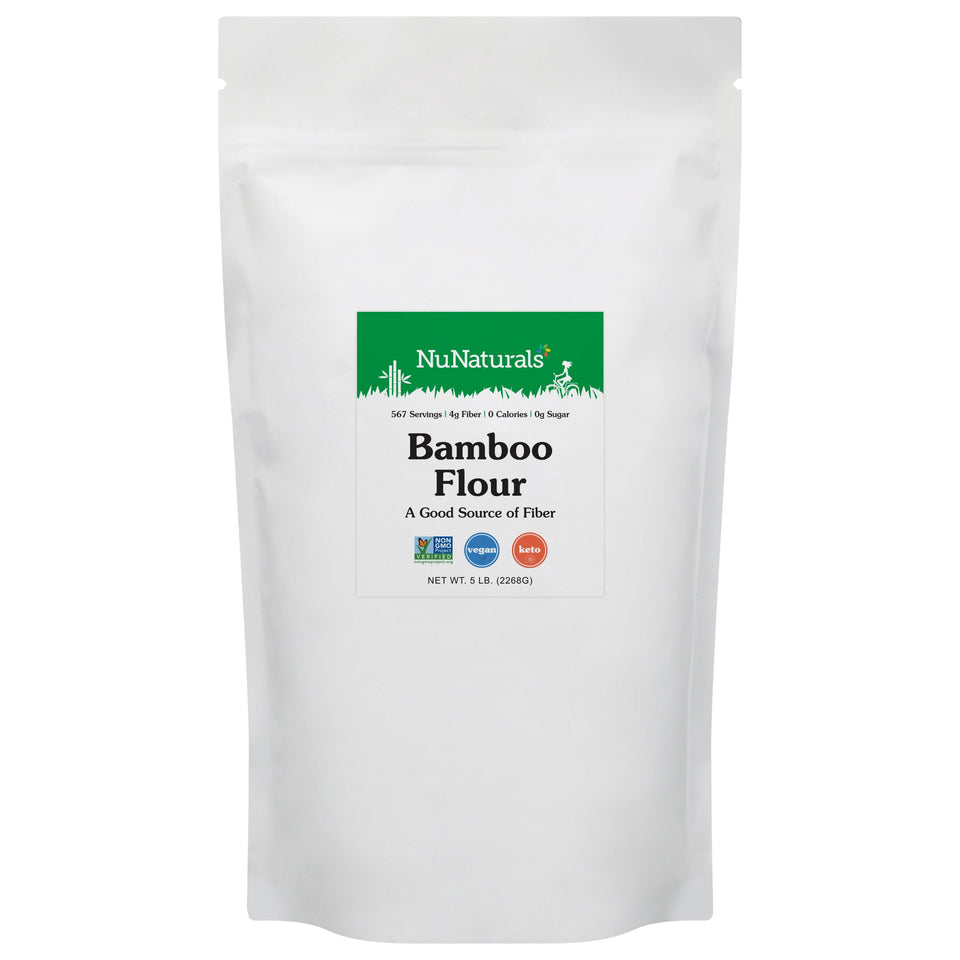 NuNaturals Bamboo Flour bag close-up highlighting gluten-free baking versatility and clean ingredients.