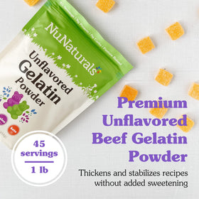 NuNaturals beef gelatin powder measuring cup shows precise portions for sauces.