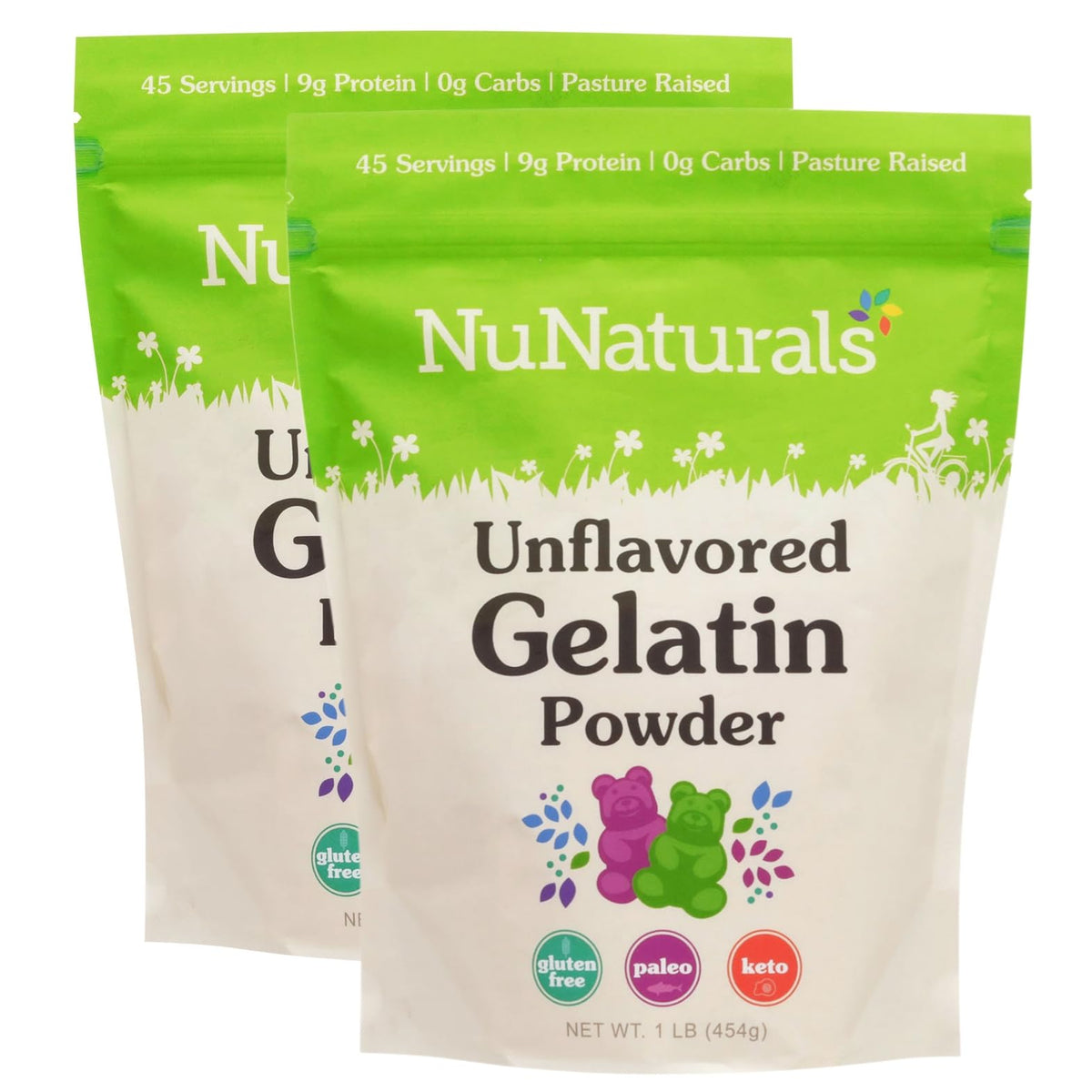 NuNaturals beef gelatin powder package label highlighting single-ingredient option.