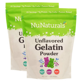 NuNaturals beef gelatin powder package label highlighting single-ingredient option.