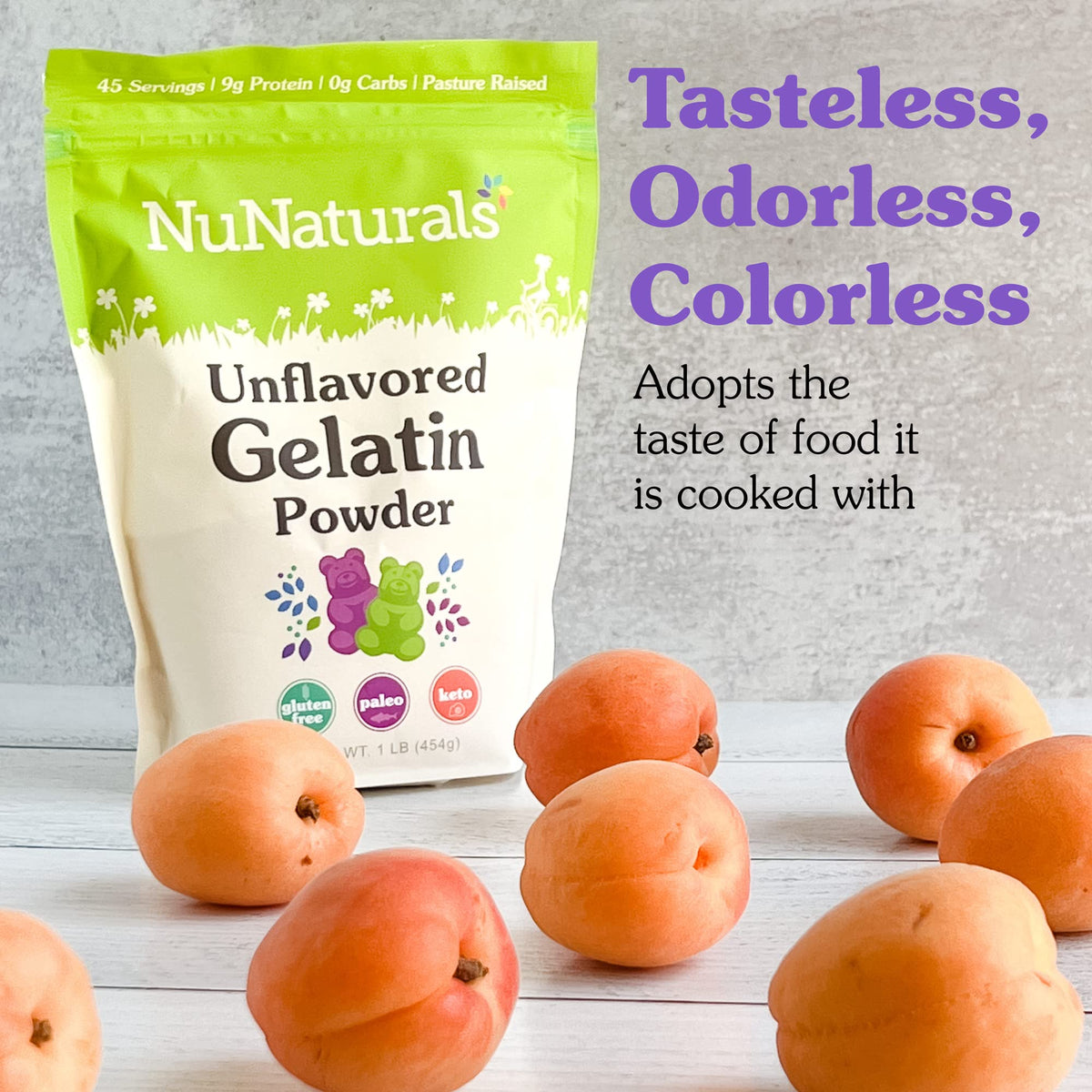 NuNaturals gelatin powder gluten-free, sugar-free, and additive-free for versatile recipes.