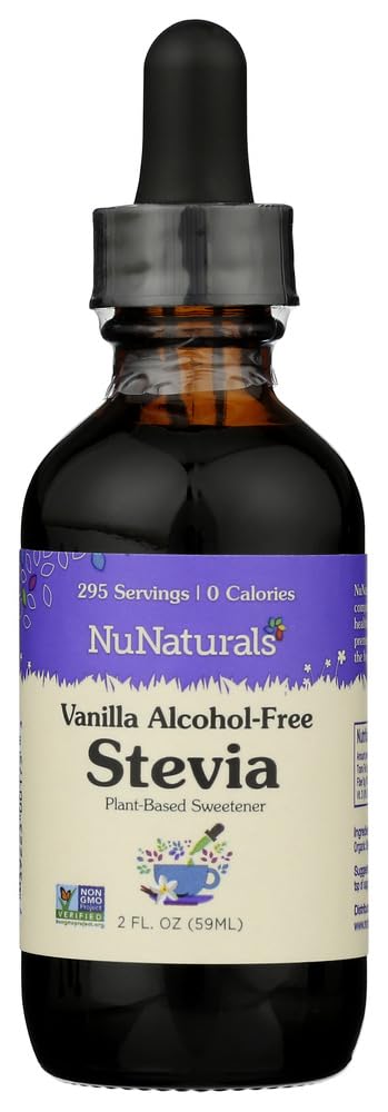 NuNaturals liquid stevia bottle front view shows zero-calorie sweetness for beverages