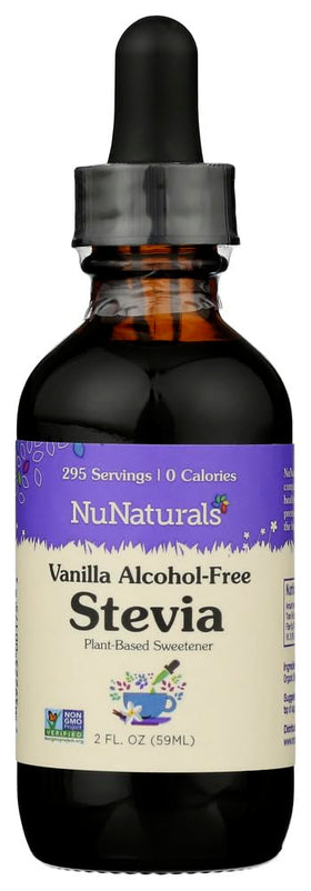 NuNaturals liquid stevia bottle front view shows zero-calorie sweetness for beverages