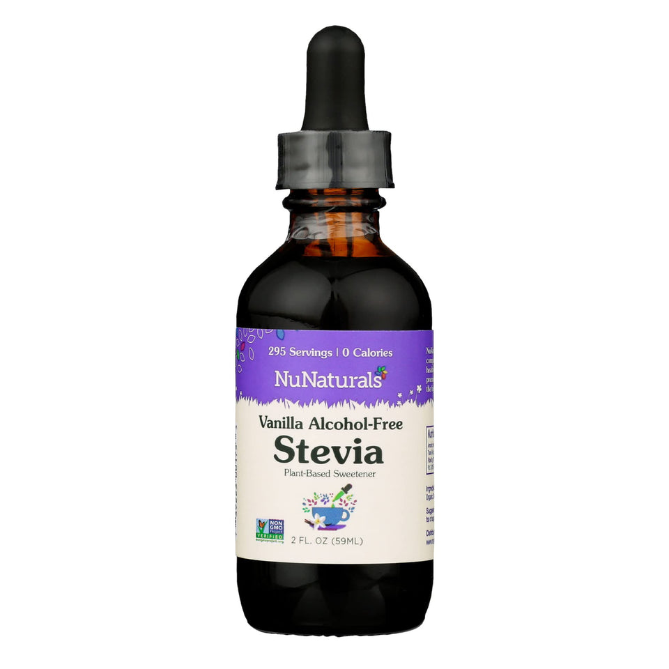 Nunaturals liquid stevia bottle showing sugar-free sweetness for beverages