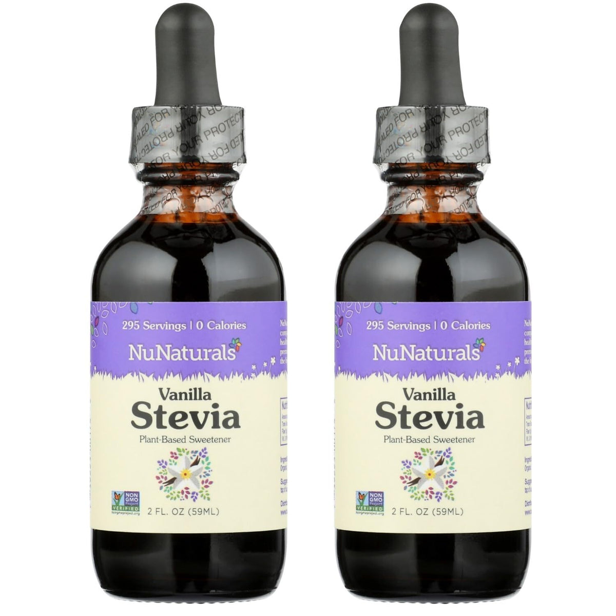 NuNaturals liquid vanilla stevia bottle on counter for easy sugar substitution