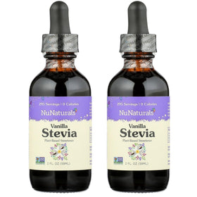NuNaturals liquid vanilla stevia bottle on counter for easy sugar substitution