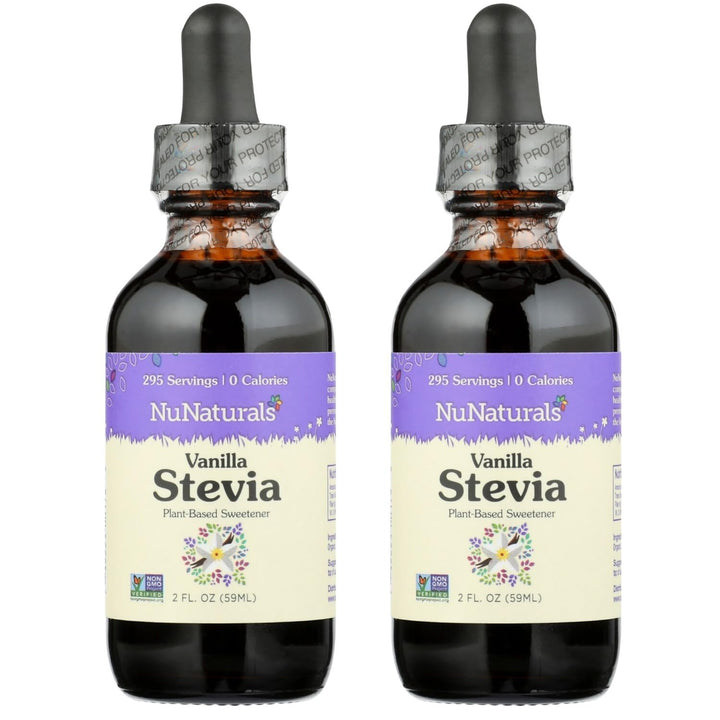 NuNaturals liquid vanilla stevia bottle on counter for easy sugar substitution