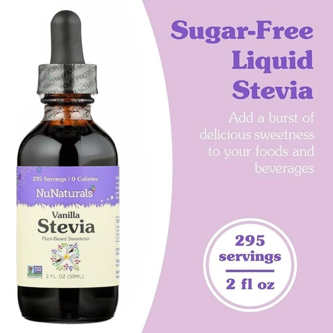 NuNaturals vanilla stevia dropper releasing drops into a cup