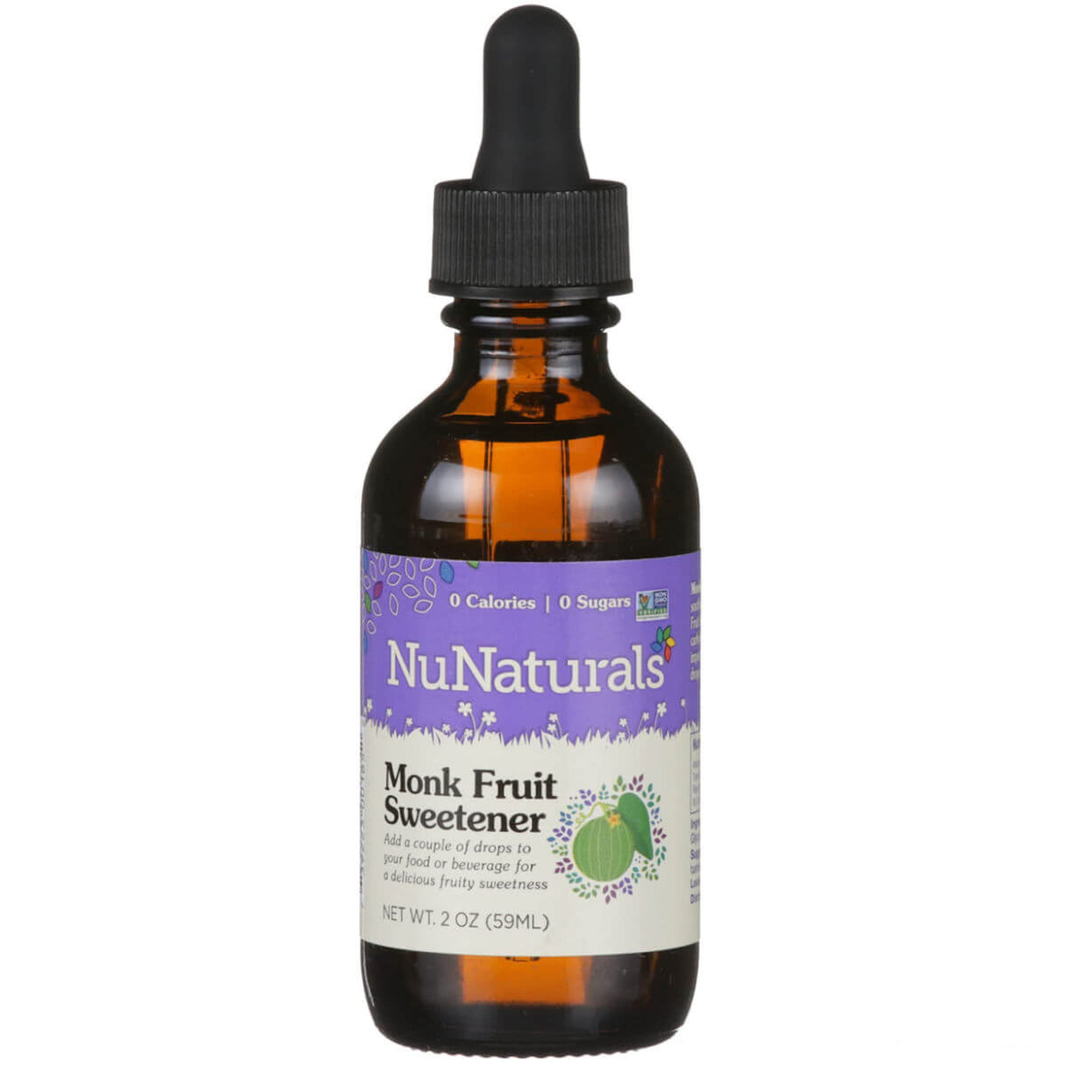 NuNaturals monk fruit liquid bottle close-up, showcasing zero-calorie sweetness for drinks