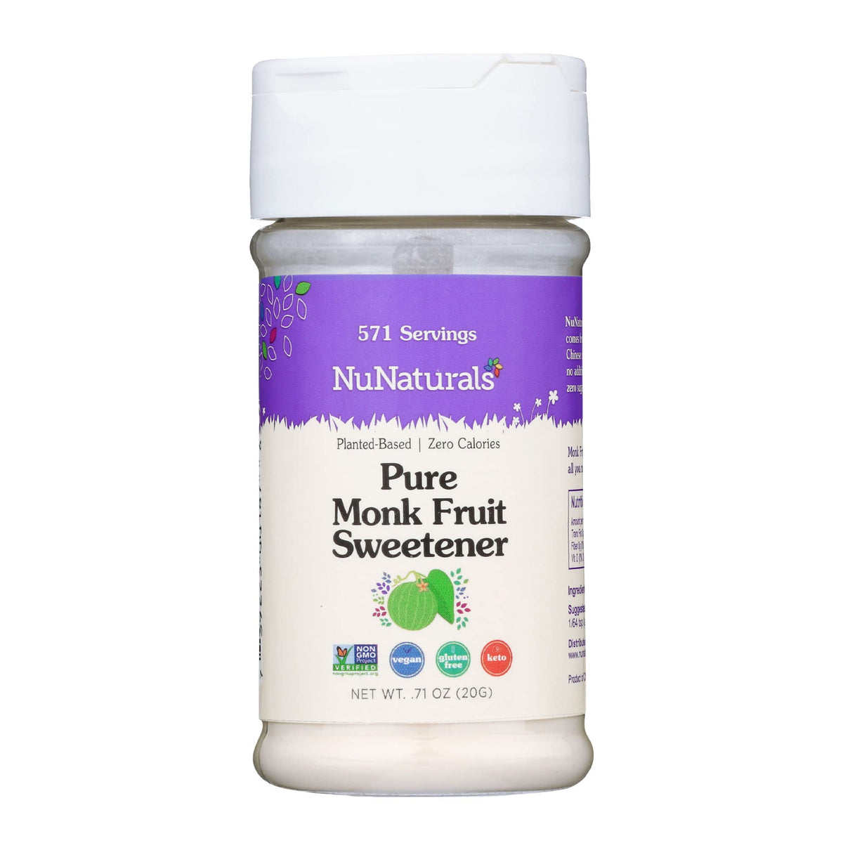Nunaturals monk fruit powder bottle showing zero-calorie sweetness for beverages