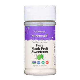 Nunaturals monk fruit powder bottle showing zero-calorie sweetness for beverages