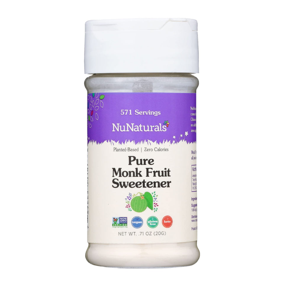 Nunaturals monk fruit powder bottle showing zero-calorie sweetness for beverages