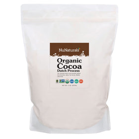 NuNaturals Organic Fairtrade Cocoa Powder front packaging highlights ethical sourcing and premium quality.