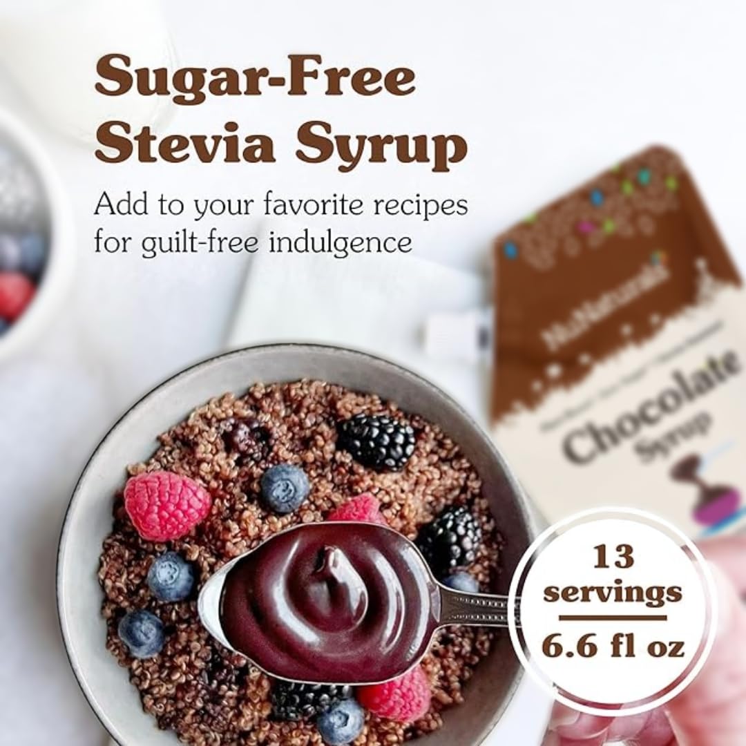 NuNaturals Stevia Syrup bottle closeup showing rich flavor without sugar.