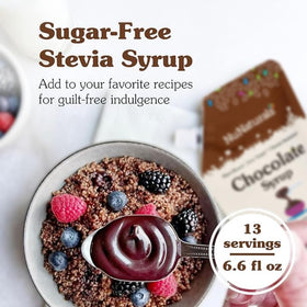 NuNaturals Stevia Syrup bottle closeup showing rich flavor without sugar.