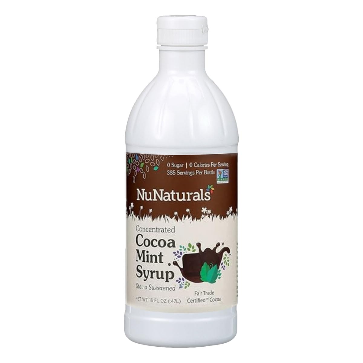 NuNaturals Stevia Syrup Cocoa Mint bottle for sugar-free sweetness in desserts and beverages.