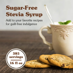 NuNaturals Stevia Syrup cocoa mint pour highlights zero calories in coffee and milk.