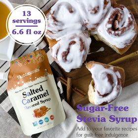 NuNaturals Stevia Syrup in a coffee latte with caramel drizzle enhances flavor.