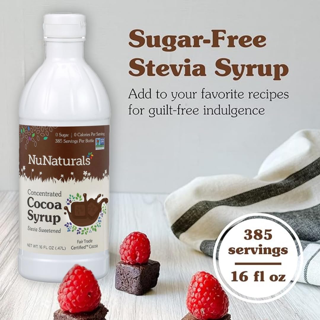 NuNaturals Stevia Syrup dessert topping drizzle over dessert highlights guilt-free indulgence.