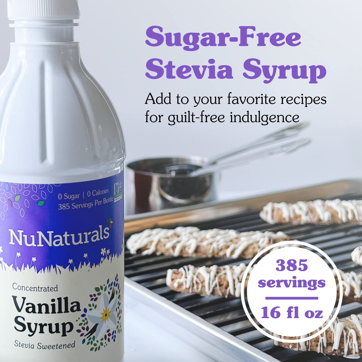 NuNaturals Stevia Syrup being poured as a sugar-free drizzle on dessert