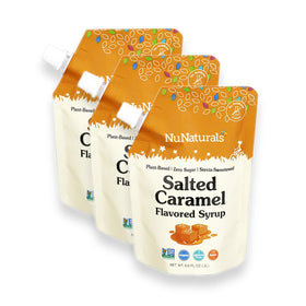 NuNaturals Stevia Syrup salted caramel bottle offers zero-calorie sweetness for desserts.