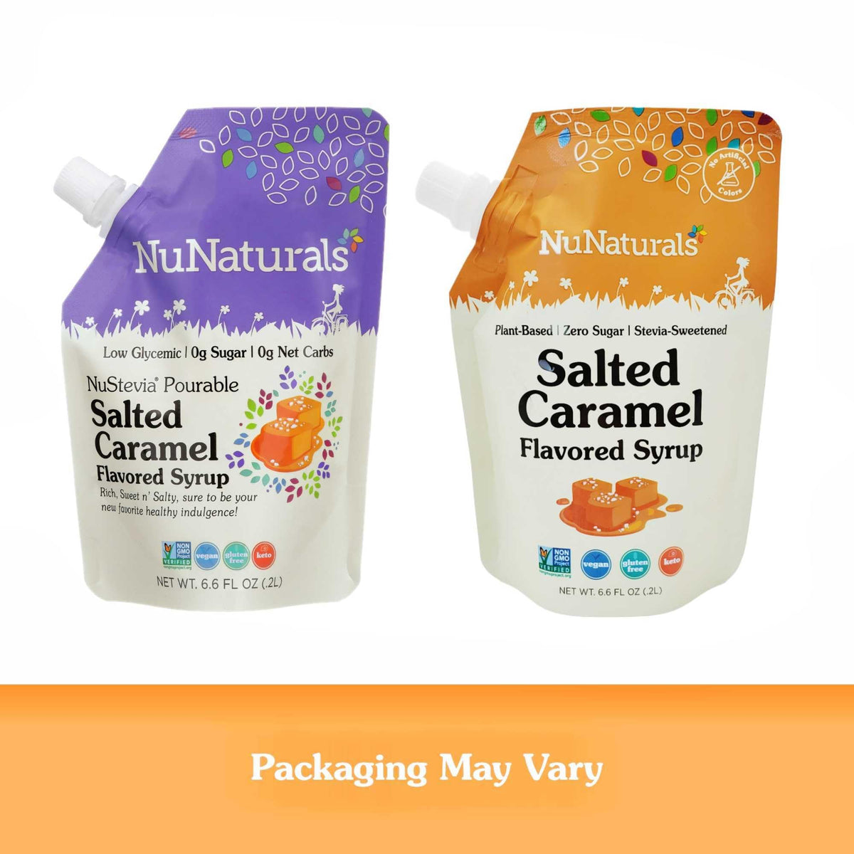 NuNaturals Stevia Syrup salted caramel pour shows smooth drizzle for coffee.