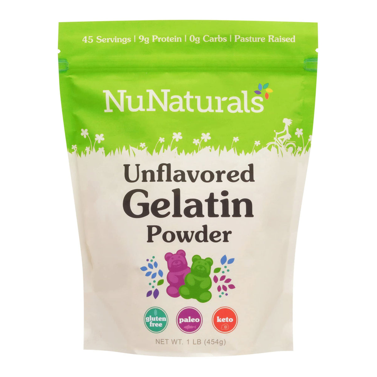 NuNaturals unflavored beef gelatin powder packaging showcases a clear, one-ingredient staple for cooking.