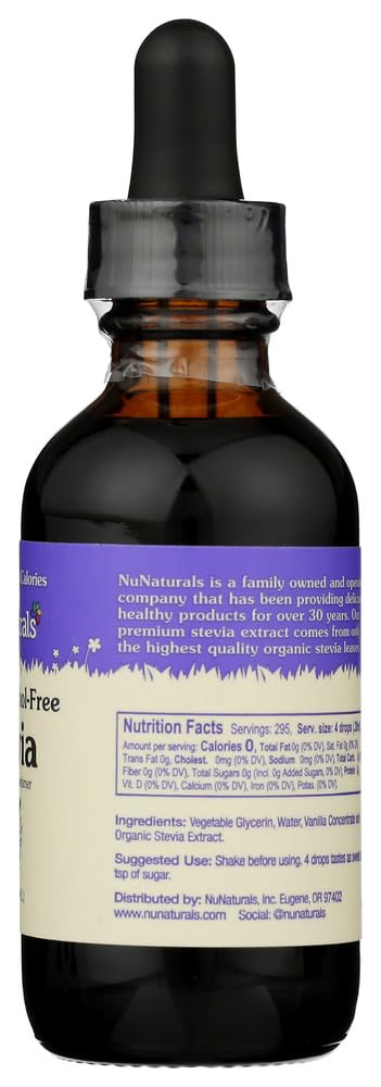 Vanilla flavor NuNaturals liquid stevia label close-up indicating natural sweetness