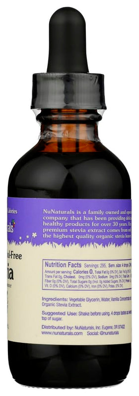 Vanilla flavor NuNaturals liquid stevia label close-up indicating natural sweetness