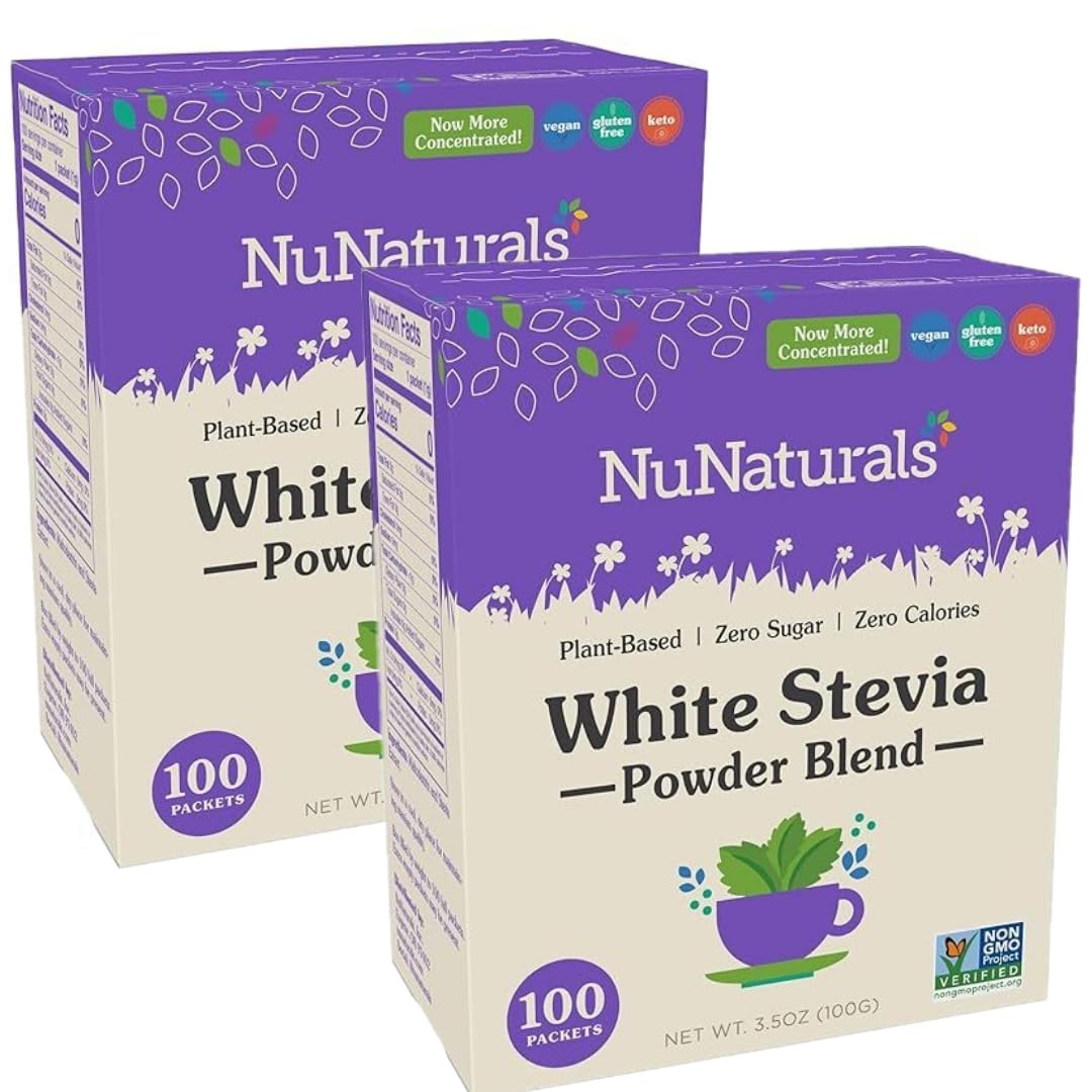 NuNaturals white stevia packets in packaging for convenient on-the-go sweetness.