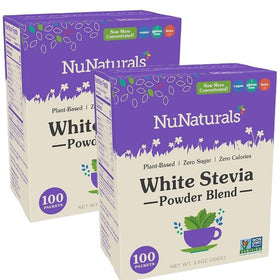 NuNaturals white stevia packets in packaging for convenient on-the-go sweetness.
