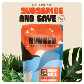 Nunulu Coffee That Sings morning-routine visual suggests premium Kona experience at home.