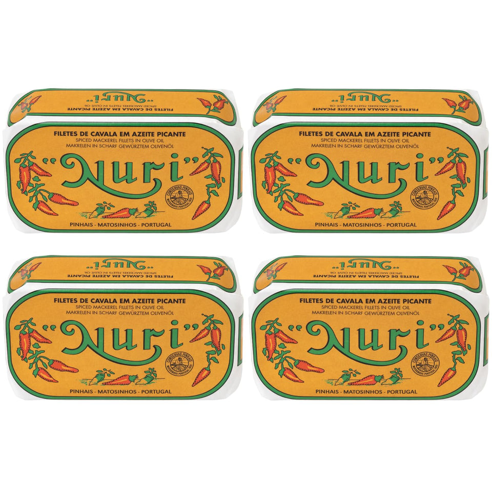Nuri mackerel fillets in olive oil can front shows premium, ready-to-enjoy protein.