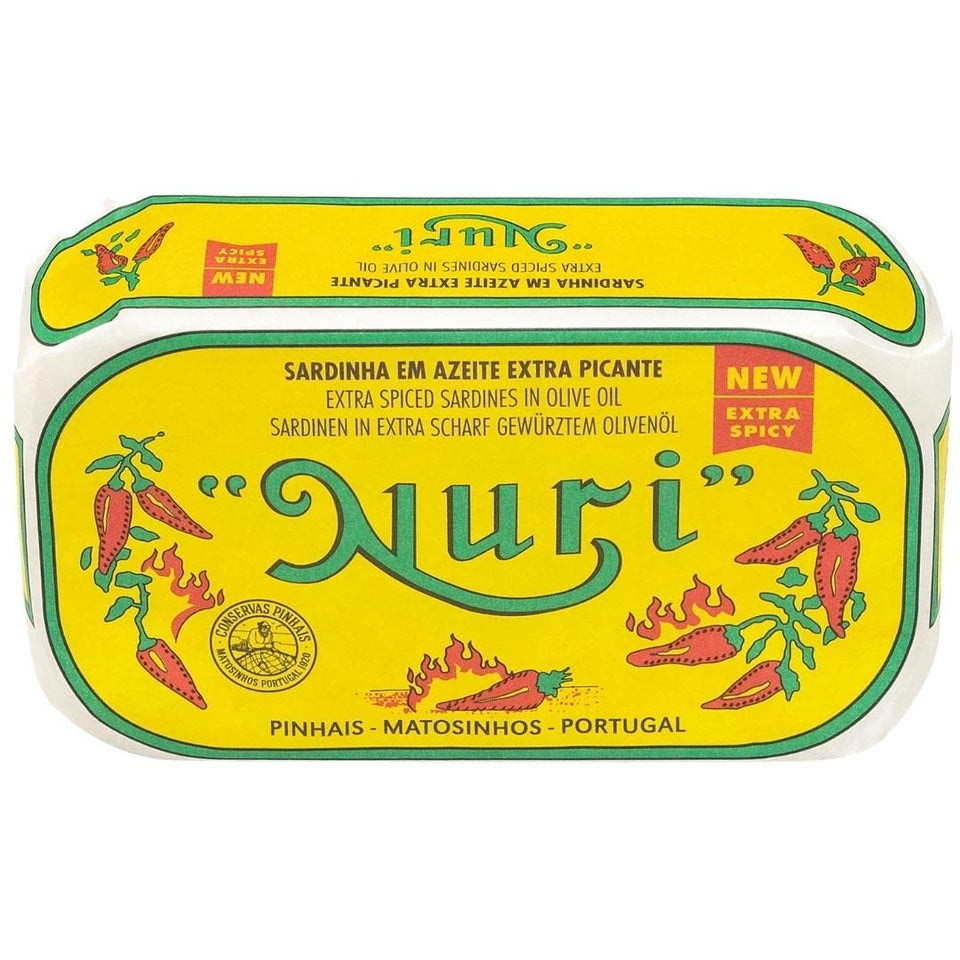 Nuri Portuguese sardines in extra-spiced olive oil can on shelf for quick meals