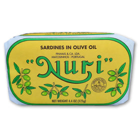 Nuri Portuguese sardines in olive oil 2-pack on kitchen shelf, ready to enjoy protein-rich snack.