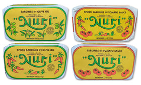 NURI Portuguese Sardines in Pure Olive Oil can showcasing premium texture for tasting