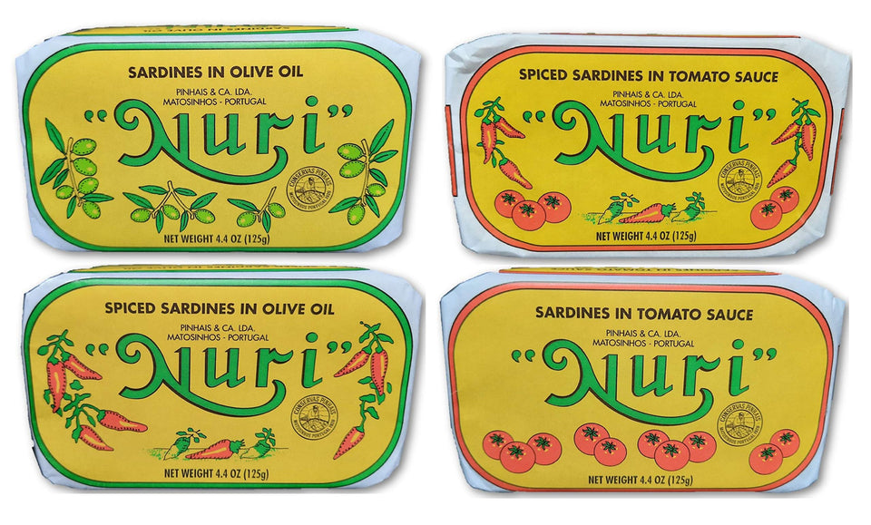 NURI Portuguese Sardines in Pure Olive Oil can showcasing premium texture for tasting