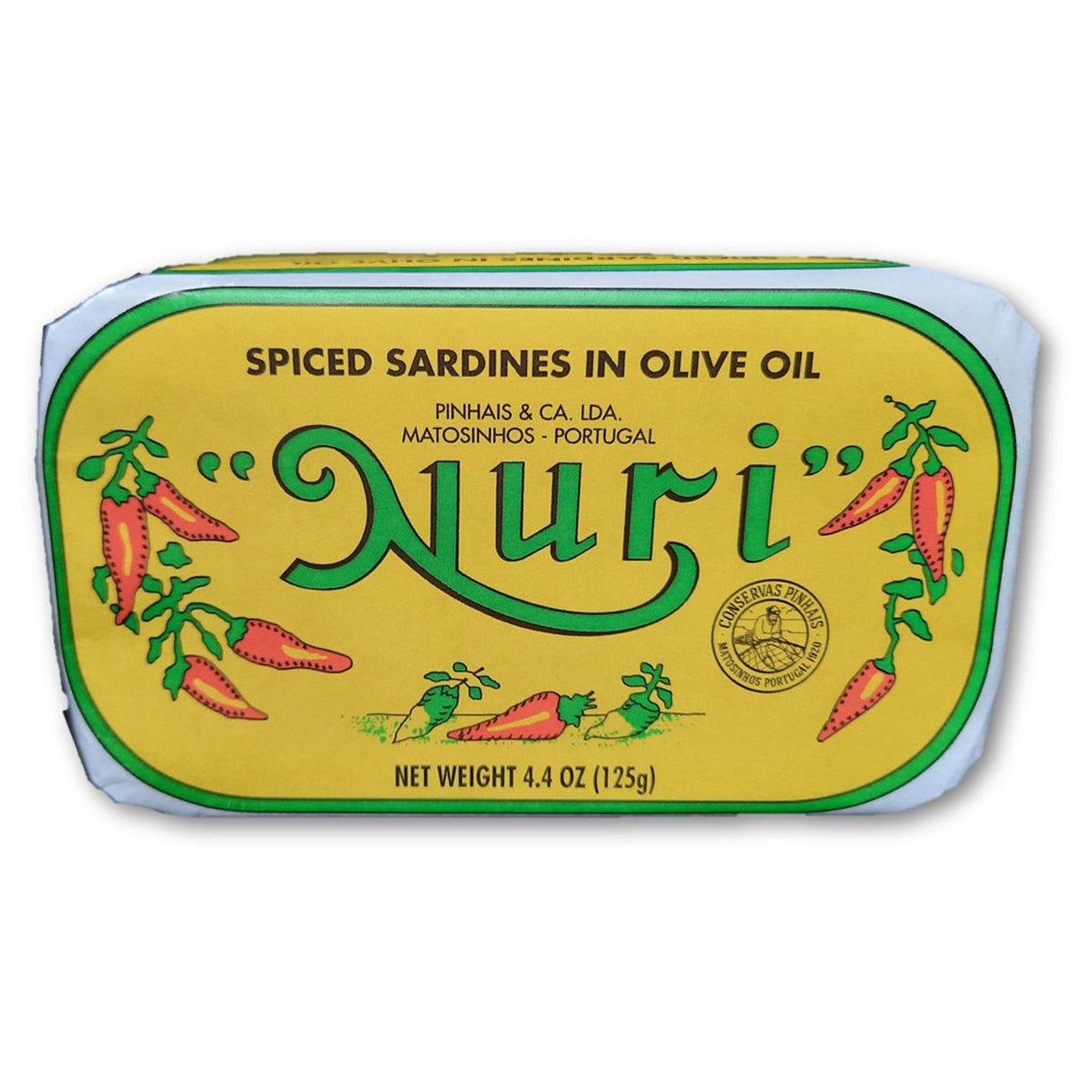 NURI Portuguese sardines in spiced olive oil pack front view for premium snacking