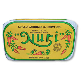 NURI Portuguese sardines in spiced olive oil pack front view for premium snacking