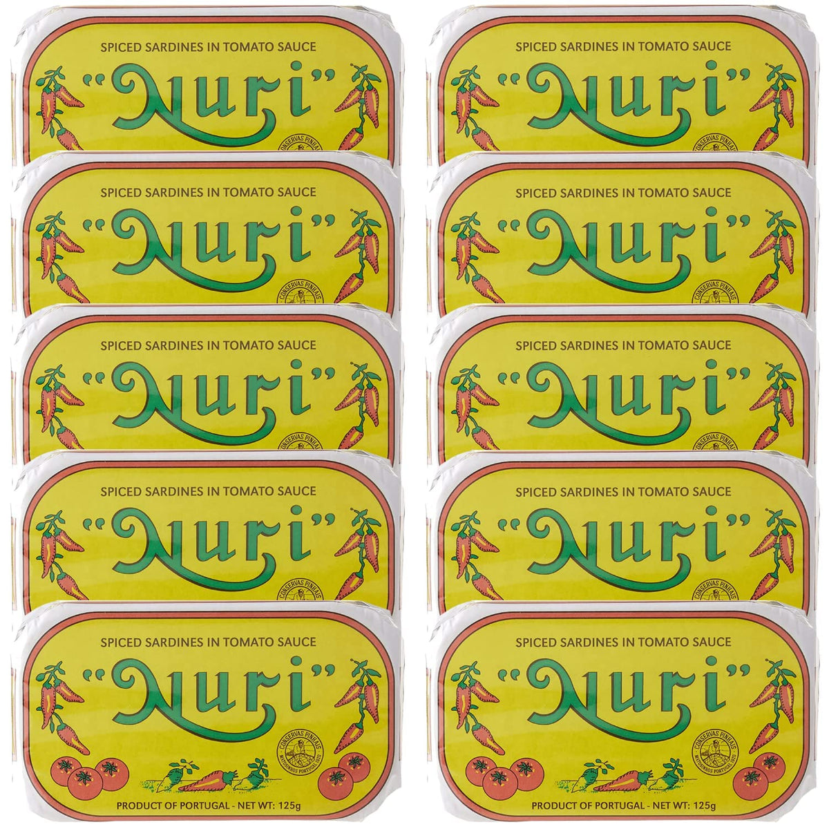 Nuri sardines in spiced tomato sauce pack on pantry shelf, convenient 10-pack.