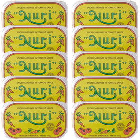 Nuri sardines in spiced tomato sauce pack on pantry shelf, convenient 10-pack.