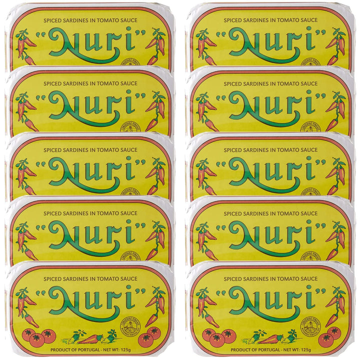 Nuri sardines in spiced tomato sauce pack on pantry shelf, convenient 10-pack.