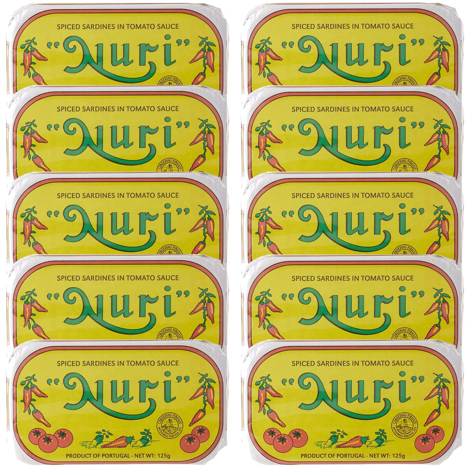 Nuri sardines in spiced tomato sauce pack on pantry shelf, convenient 10-pack.