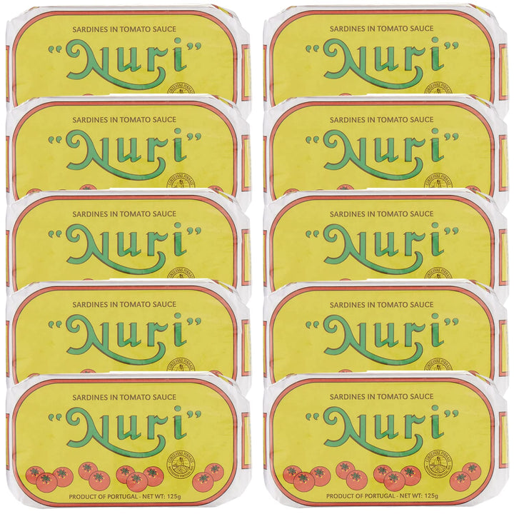 Nuri sardines in tomato sauce pack front view, convenient pantry staple for quick meals.
