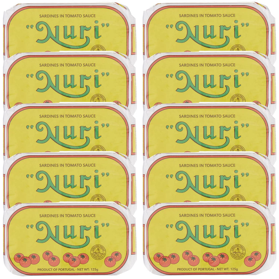 Nuri sardines in tomato sauce pack front view, convenient pantry staple for quick meals.