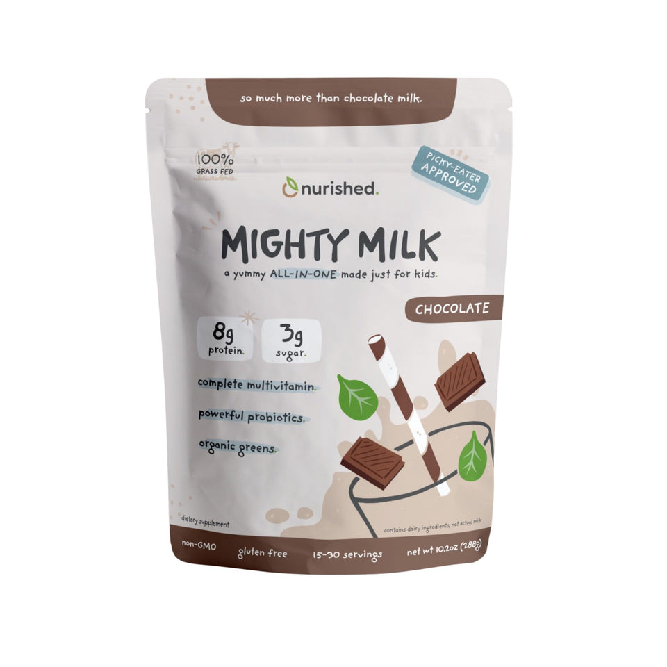 Nurished Mighty Chocolate Milk bottle pour shows creamy texture and kid-friendly nutrition