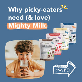 Nurished Mighty Chocolate Milk pouch closeup highlights 15-30 servings